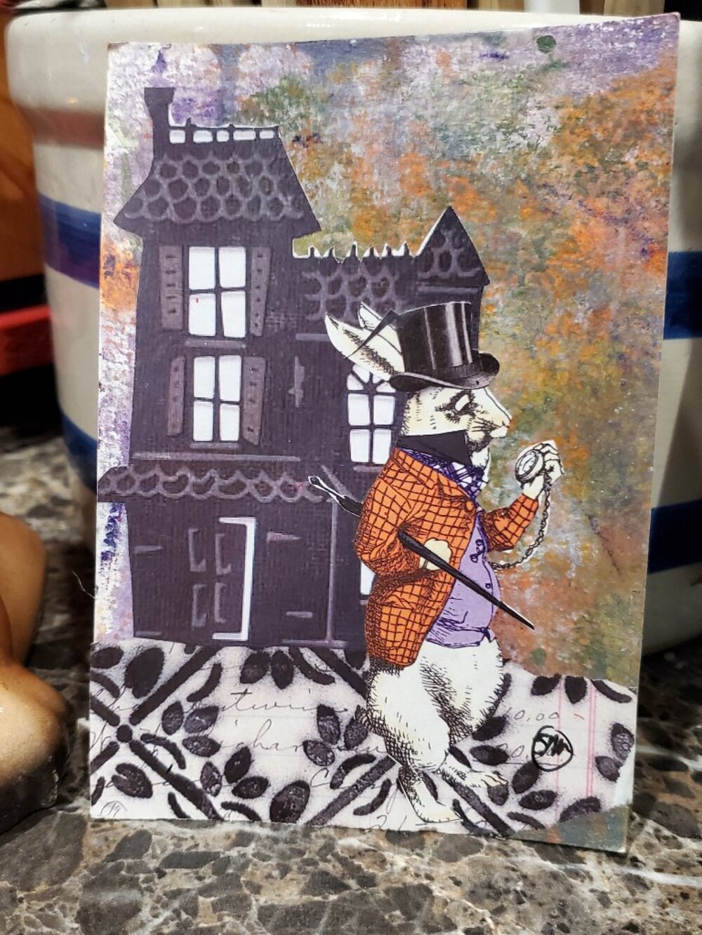 Handmade Small Artwork Halloween ALice White Rabbit Postcard One of a Kind